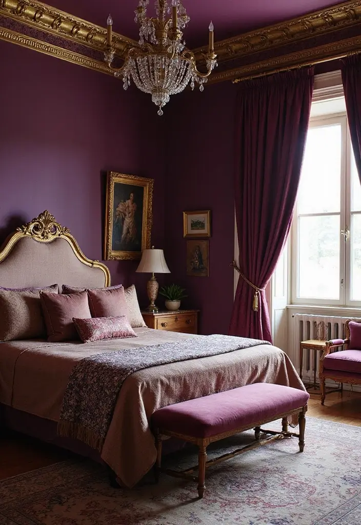26 Cozy Guest Bedroom Ideas with Color Combos That'll Make Your Guests Never Want to Leave! - 12. Deep Purple and Gold
