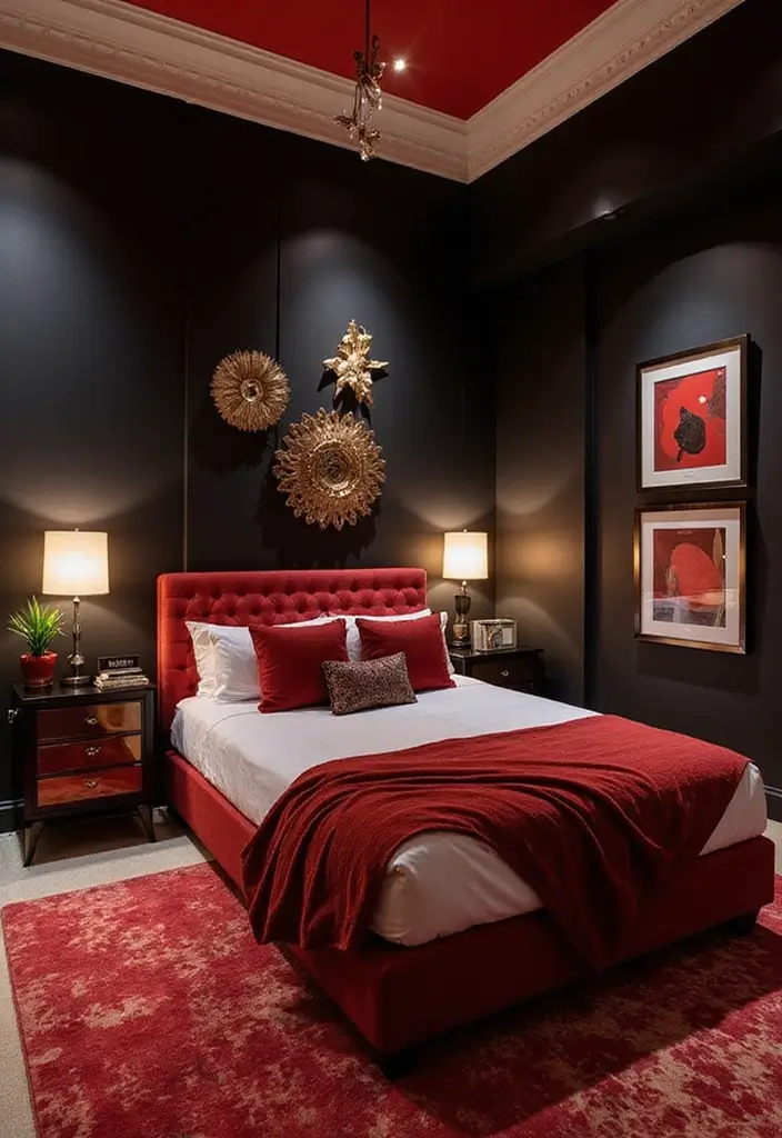 26 Cozy Guest Bedroom Ideas with Color Combos That'll Make Your Guests Never Want to Leave! - 15. Bold Red and Black