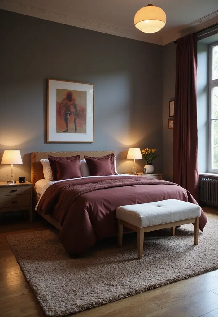 26 Cozy Guest Bedroom Ideas with Color Combos That'll Make Your Guests Never Want to Leave! - 20. Warm Gray and Burgundy