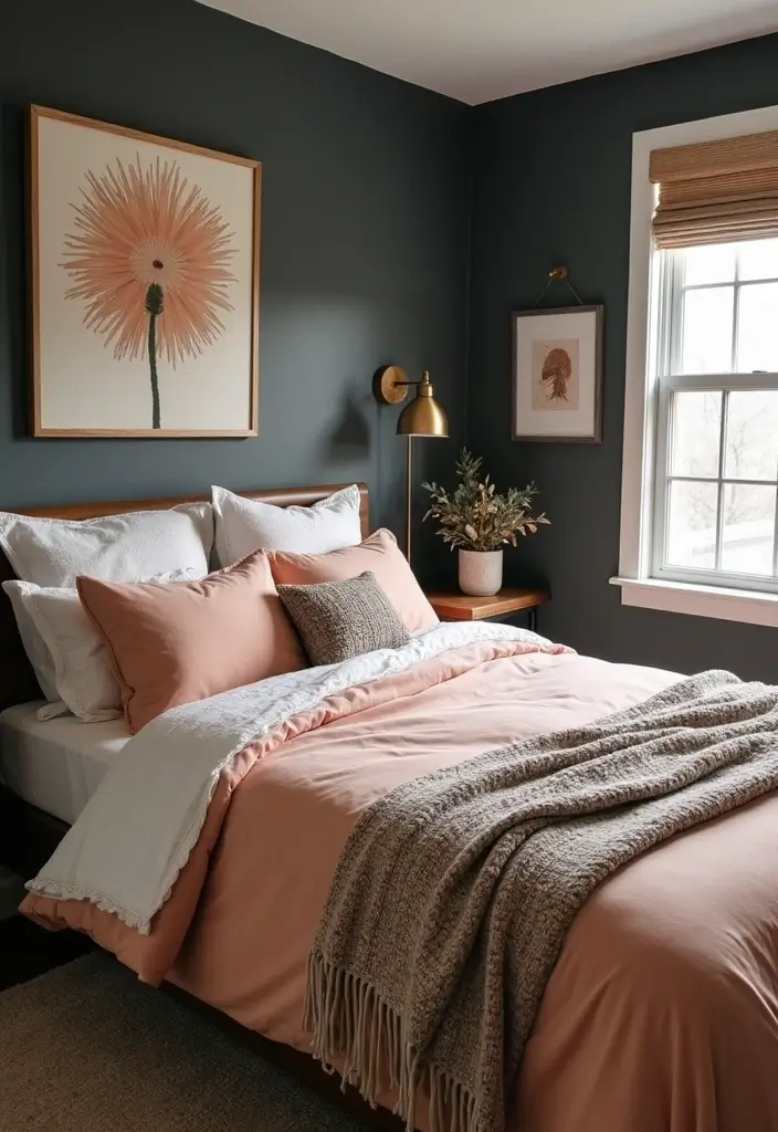 26 Cozy Guest Bedroom Ideas with Color Combos That'll Make Your Guests Never Want to Leave! - 23. Charcoal and Peach