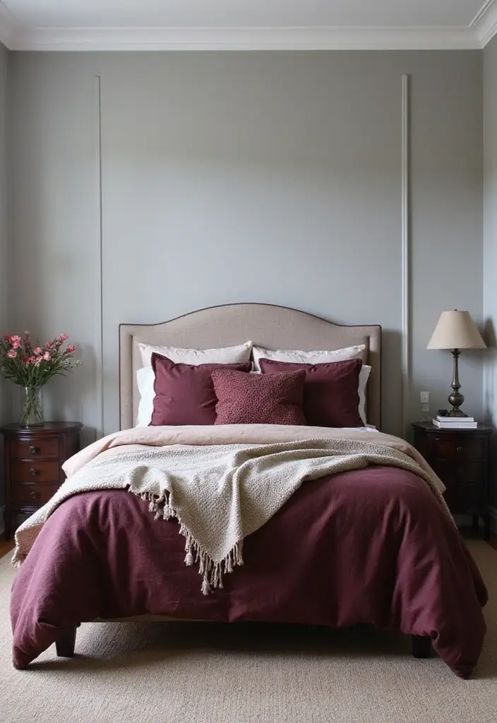 26 Cozy Guest Bedroom Ideas with Color Combos That'll Make Your Guests Never Want to Leave! - 25. Maroon and Light Gray