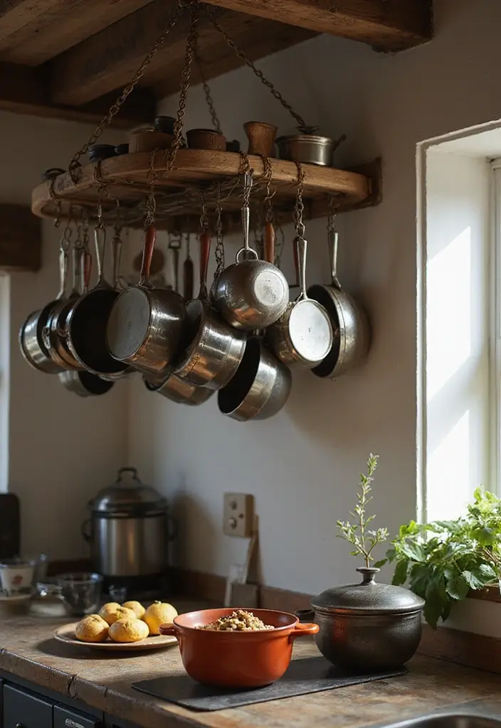 30 Aesthetic Storage Ideas for Your Kitchen That Will Transform Your Space! - 11. Pot Rack Inspiration
