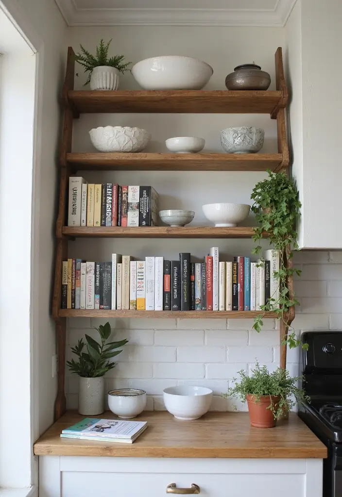 30 Aesthetic Storage Ideas for Your Kitchen That Will Transform Your Space! - 14. Ladder Shelf Appeal