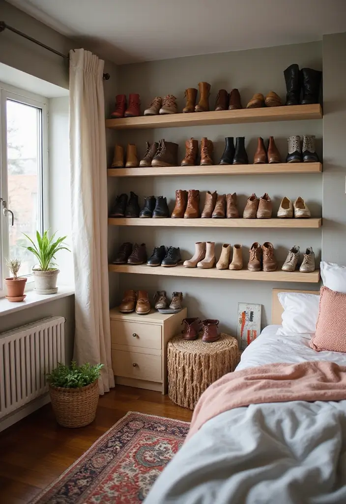 30 Cozy Bedroom Ideas for Small Rooms That Won't Break the Bank! - 22. Colorful Footwear Displays