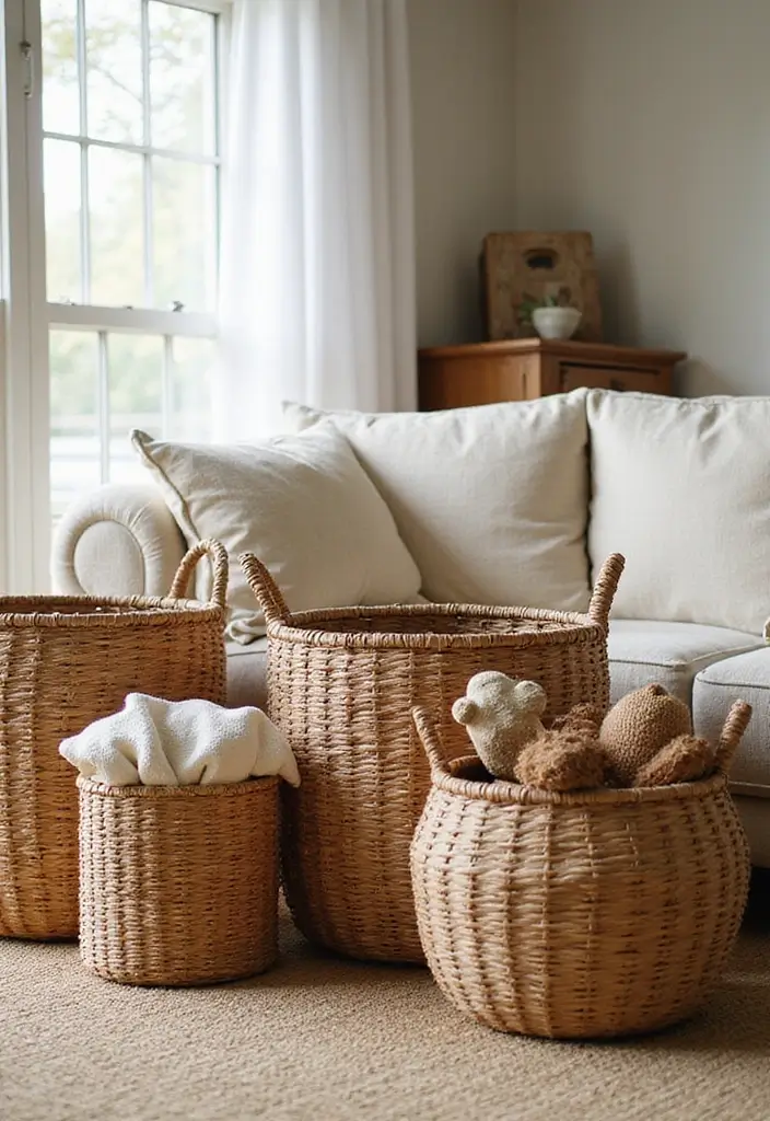 30 Must-Have Small Modern Farmhouse Living Room Furniture Pieces You Can't Live Without! - 16. Decorative Baskets