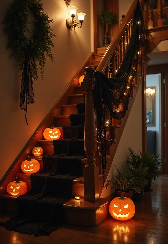 30 Spooktacular Halloween Decorations for Your Ultimate Party (Your Guests Will Scream!) - 9. Sinister Staircase Decor