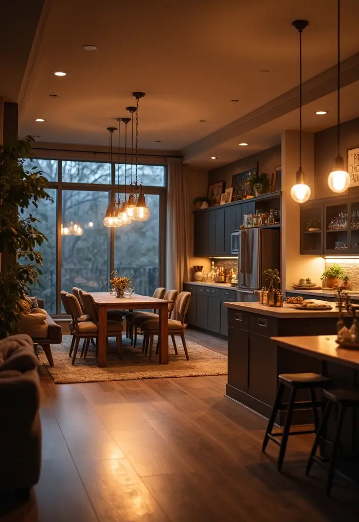 30 Stunning Open Floor Plan Ideas That Will Transform Your Living Room and Kitchen! - 17. Layered Lighting: Set the Mood