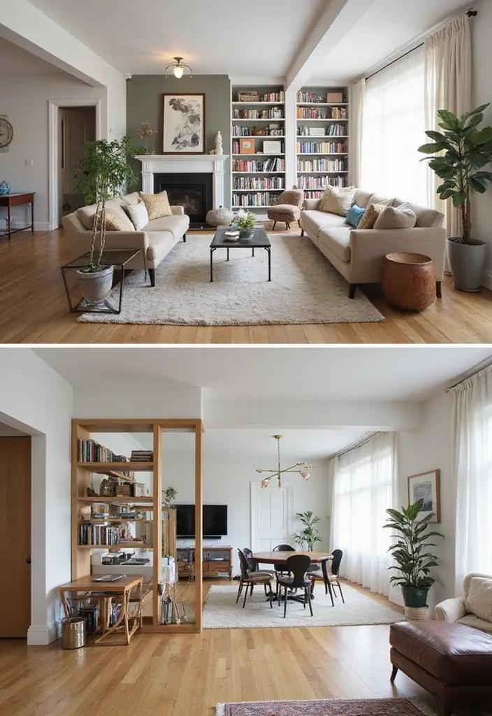 30 Stunning Open Floor Plan Ideas That Will Transform Your Living Room and Kitchen! - 23. Creative Room Dividers: Defining Spaces