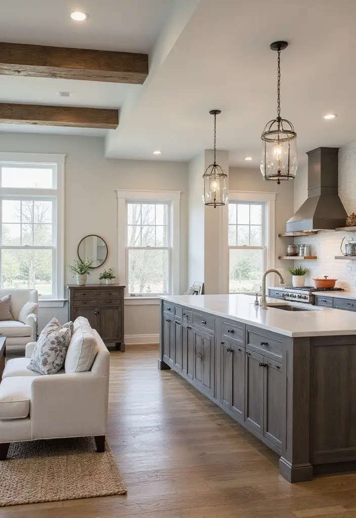 30 Stunning Open Floor Plan Ideas That Will Transform Your Living Room and Kitchen! - 7. Elegant Farmhouse: Timeless Beauty
