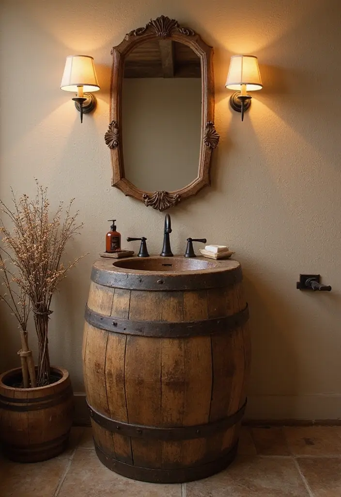30 Western Bathroom Decor Ideas That'll Make You Feel Like You're in a Cowboy Movie! - 15. Barrel Sink