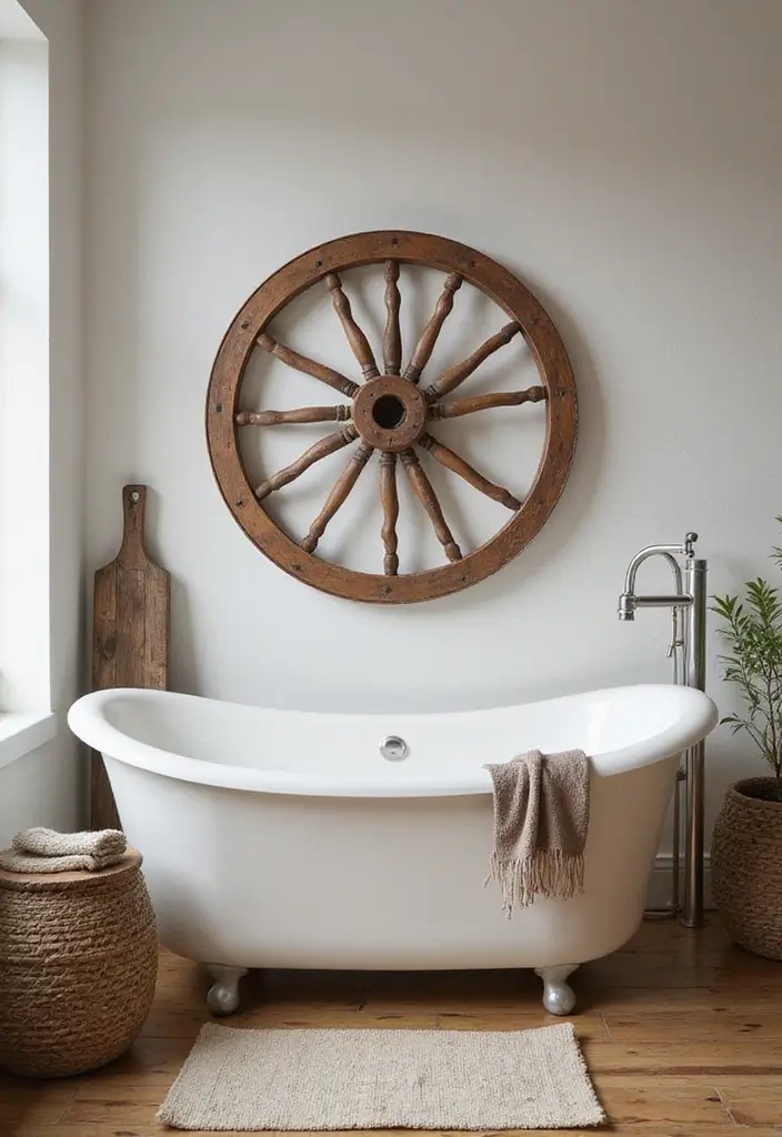 30 Western Bathroom Decor Ideas That'll Make You Feel Like You're in a Cowboy Movie! - 17. Whimsical Wagon Wheel Decor
