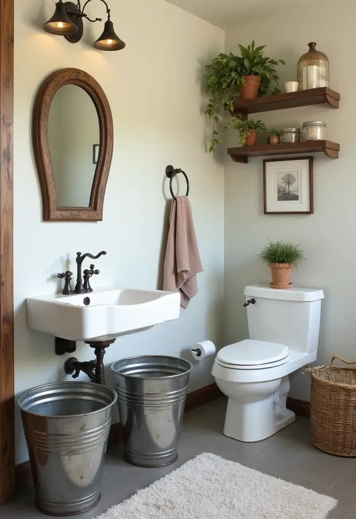 30 Western Bathroom Decor Ideas That'll Make You Feel Like You're in a Cowboy Movie! - 23. Decorative Metal Buckets