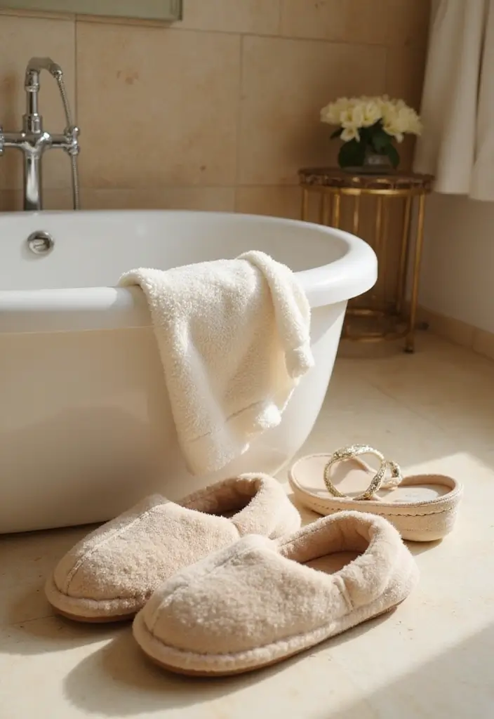 35 Spa-Inspired Bathroom Decor Ideas That Will Turn Your Home into a Zen Oasis! - 13. Luxurious Footwear