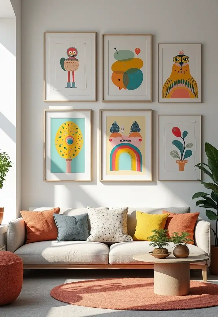 50+ Vibrant Cozy Living Room Ideas for a Fun Atmosphere - 10. Whimsical Wall Art