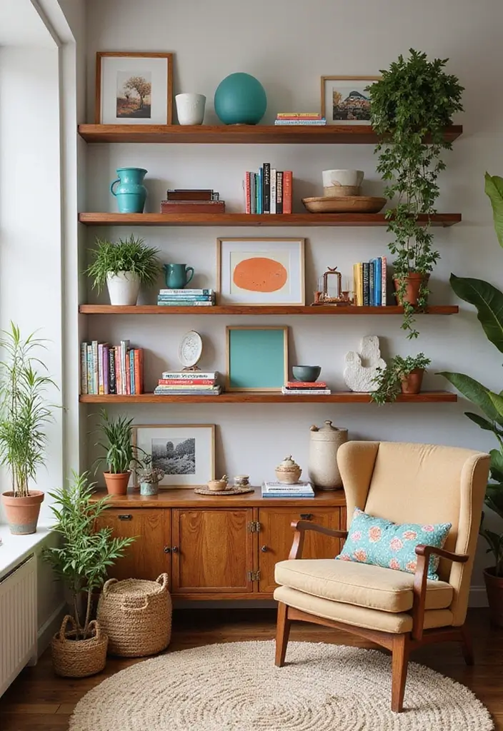 50+ Vibrant Cozy Living Room Ideas for a Fun Atmosphere - 15. Artistic Shelving