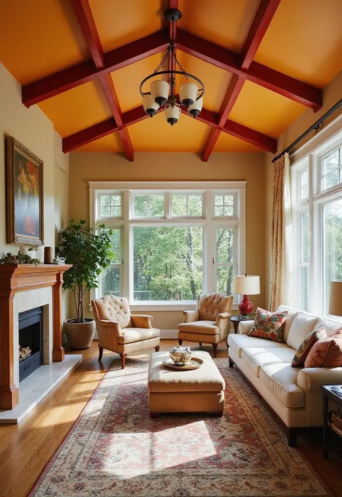 50+ Vibrant Cozy Living Room Ideas for a Fun Atmosphere - 29. Bright Ceiling Designs