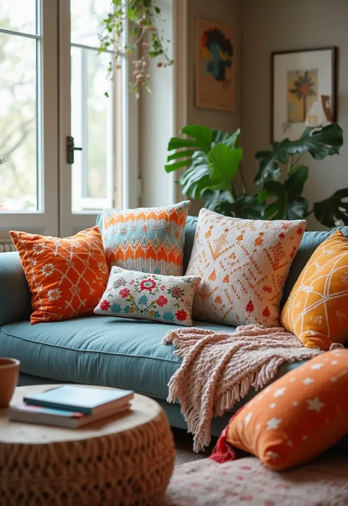 50+ Vibrant Cozy Living Room Ideas for a Fun Atmosphere - 34. Fun Pillows and Throws