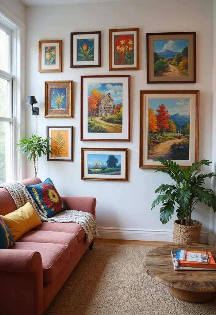 50+ Vibrant Cozy Living Room Ideas for a Fun Atmosphere - 37. Colorful Art Displays