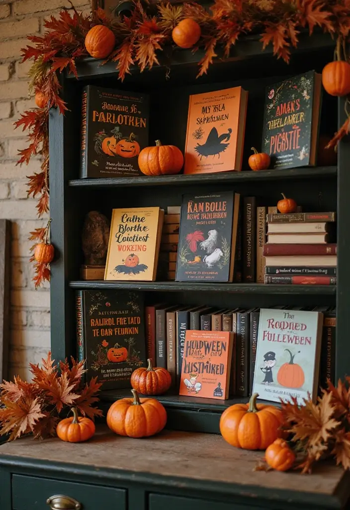 Transform Your Space: 25 Halloween Bedroom Decor Ideas for a Cozy Aesthetic! - 10. Halloween Themed Book Display