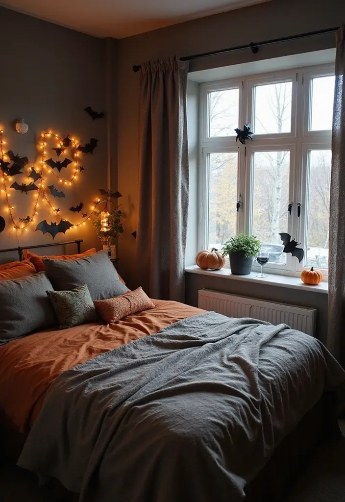 Transform Your Space: 25 Halloween Bedroom Decor Ideas for a Cozy Aesthetic! - 7. Bat and Spider Accents