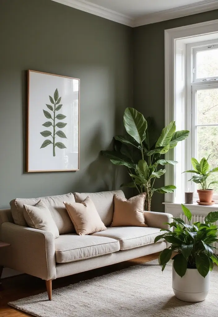 15 Living Room Paint Color Ideas That'll Transform Your Space with Grey Accent Walls and White Trim! - 10. Olive Grey with Bright White Trim