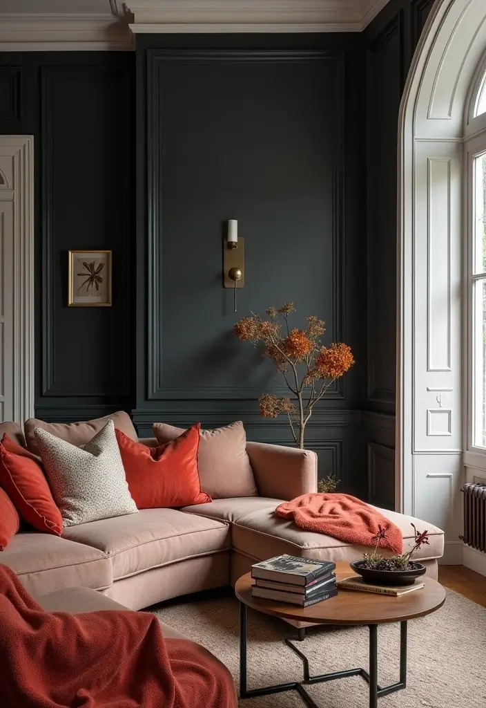 15 Living Room Paint Color Ideas That'll Transform Your Space with Grey Accent Walls and White Trim! - 11. Deep Graphite with Soft White Trim