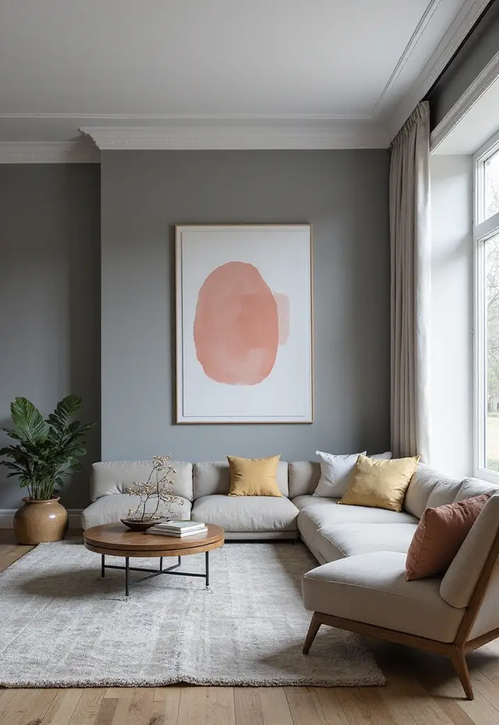 15 Living Room Paint Color Ideas That'll Transform Your Space with Grey Accent Walls and White Trim! - 12. Cool Grey with Bright White Trim