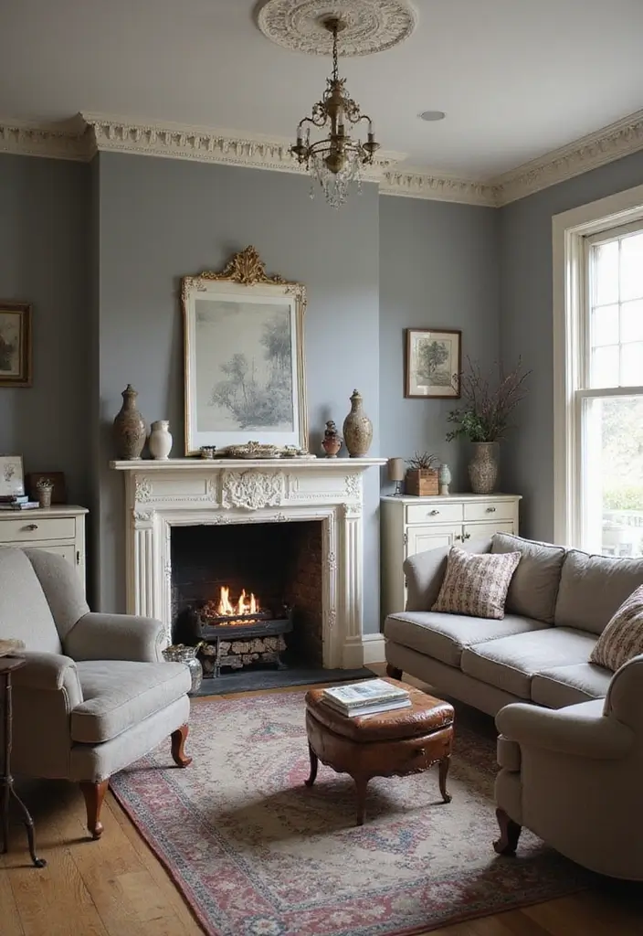 15 Living Room Paint Color Ideas That'll Transform Your Space with Grey Accent Walls and White Trim! - 13. Vintage Grey with Off-White Trim