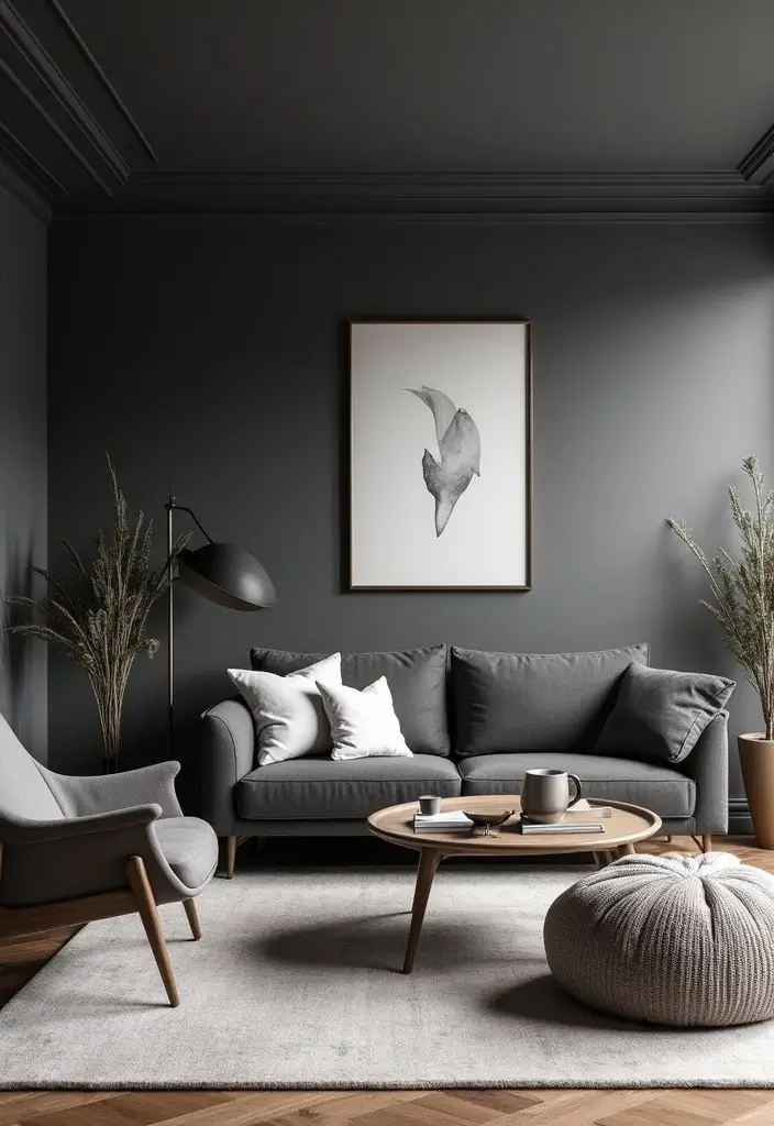 15 Living Room Paint Color Ideas That'll Transform Your Space with Grey Accent Walls and White Trim! - 2. Charcoal Grey with Crisp White Accents