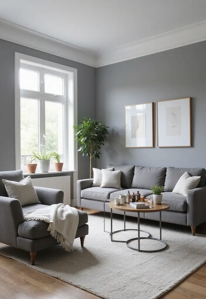 15 Living Room Paint Color Ideas That'll Transform Your Space with Grey Accent Walls and White Trim! - 3. Light Steel Grey with Glossy White Trim