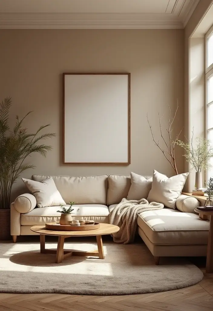 15 Living Room Paint Color Ideas That'll Transform Your Space with Grey Accent Walls and White Trim! - 4. Warm Greige with Soft White Trim