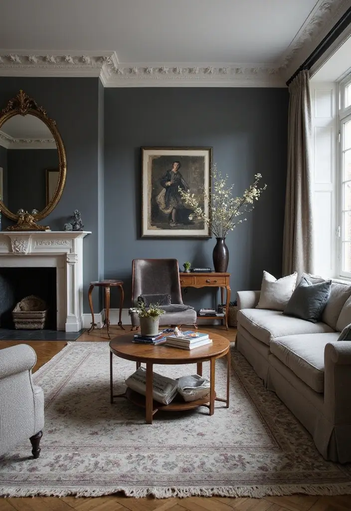 15 Living Room Paint Color Ideas That'll Transform Your Space with Grey Accent Walls and White Trim! - 5. Slate Grey with Antique White Trim