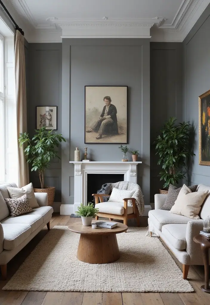 15 Living Room Paint Color Ideas That'll Transform Your Space with Grey Accent Walls and White Trim! - 7. Smoky Grey with Whitewashed Trim