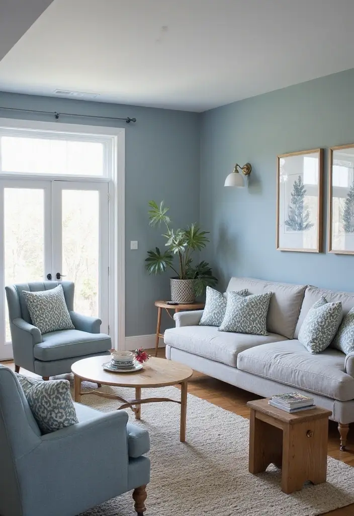 15 Living Room Paint Color Ideas That'll Transform Your Space with Grey Accent Walls and White Trim! - 9. Cool Blue-Grey with White Trim