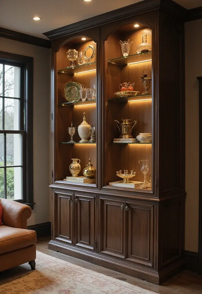 18 Built-In Cupboard Ideas for Your Living Room That Will Change Your Space Forever! - 9. Glamorous Glass Accents