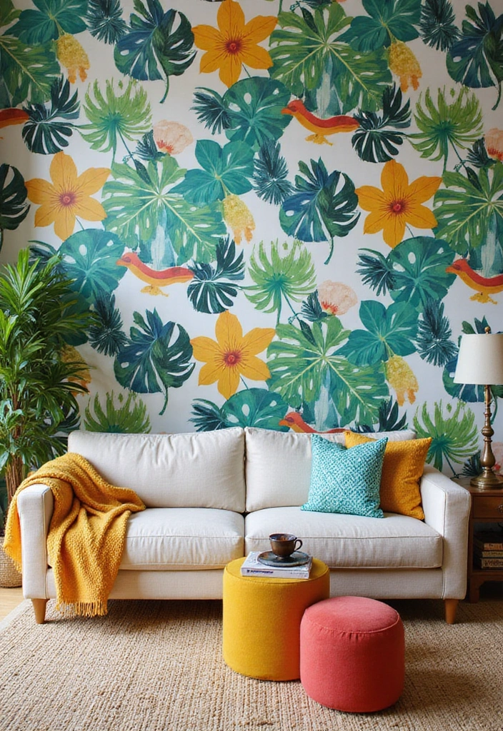 20 Accent Wall Ideas That Will Transform Your Living Room Into a Stunning Oasis! - 20. Tropical Prints and Patterns