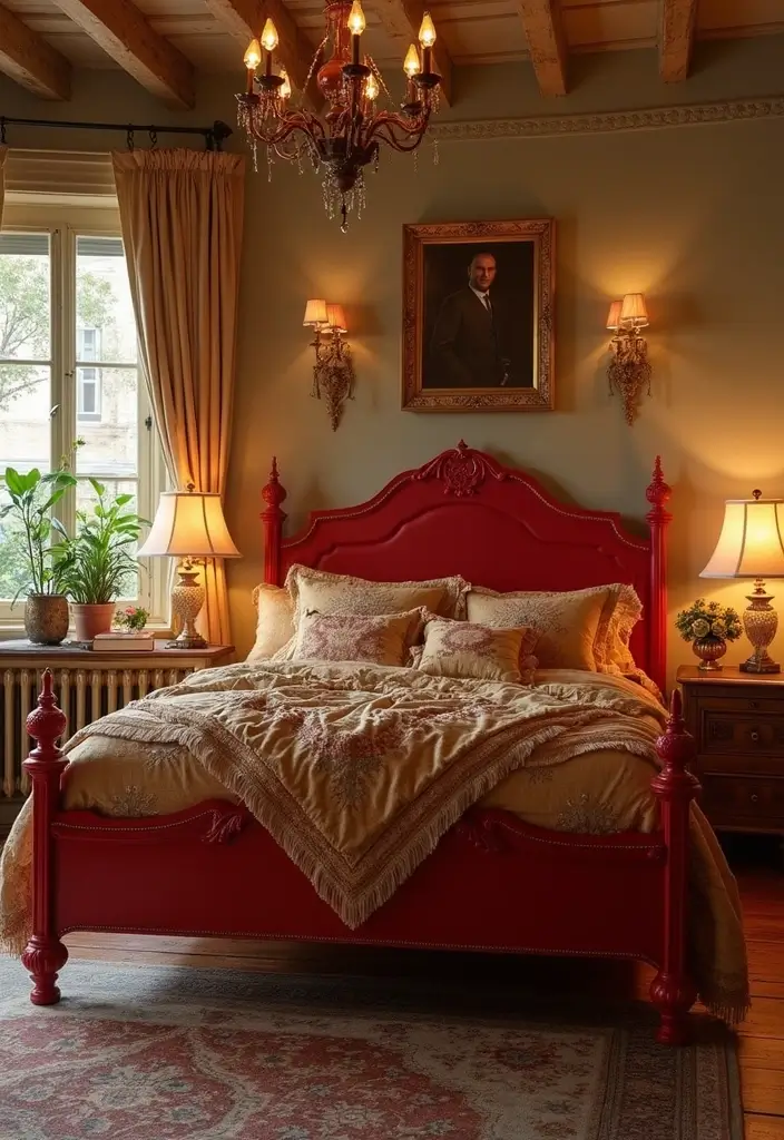 20 Bold Iron Beds Bedroom Makeovers That Transform Tiny Spaces - 1. Vibrant Red & Gold Oasis
