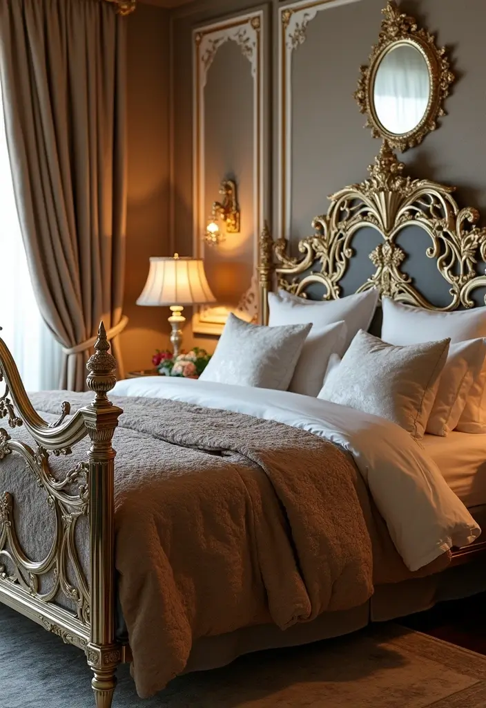 20 Bold Iron Beds Bedroom Makeovers That Transform Tiny Spaces - 10. Glamorous Metallics