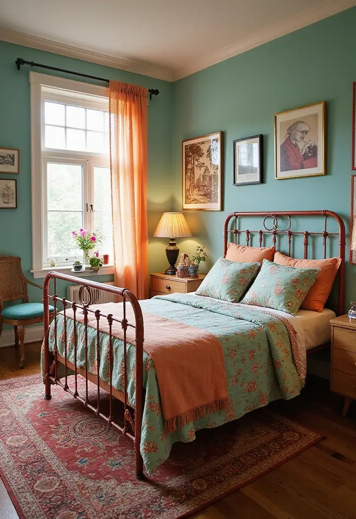 20 Bold Iron Beds Bedroom Makeovers That Transform Tiny Spaces - 12. Retro Revival