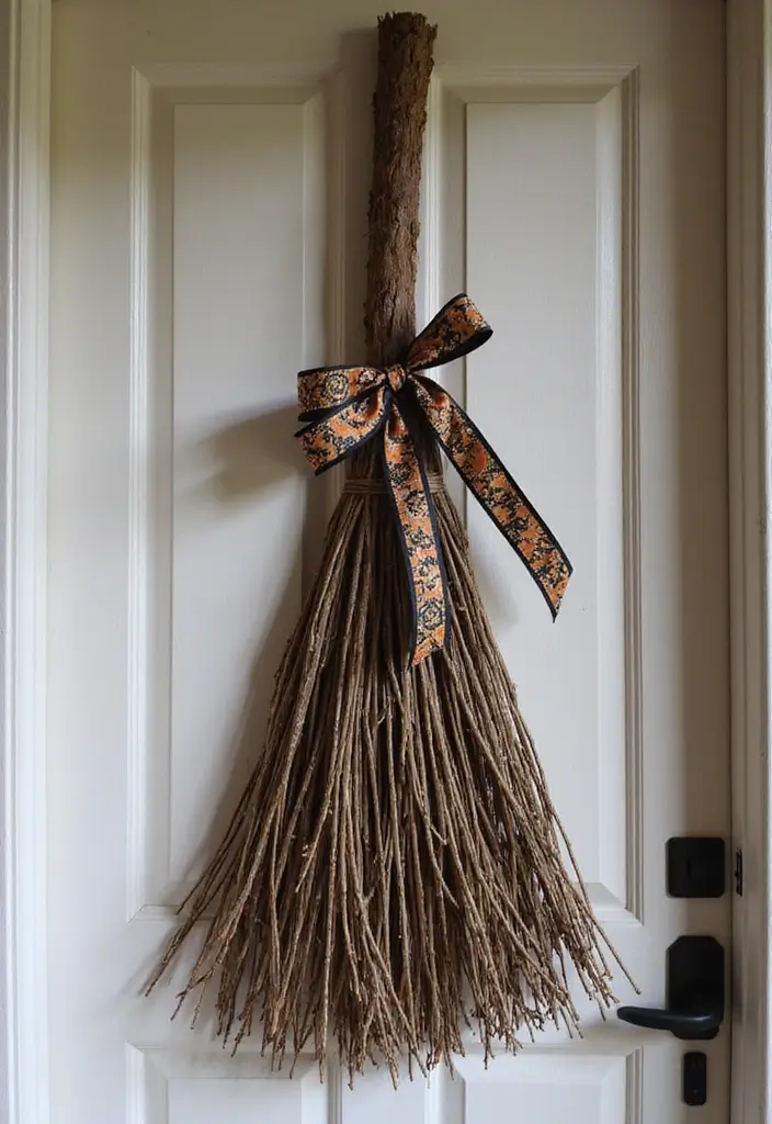 20 DIY Indoor Halloween Decor Hacks for a Pinterest-Worthy Aesthetic - 14. Witch's Broom Door Hanger