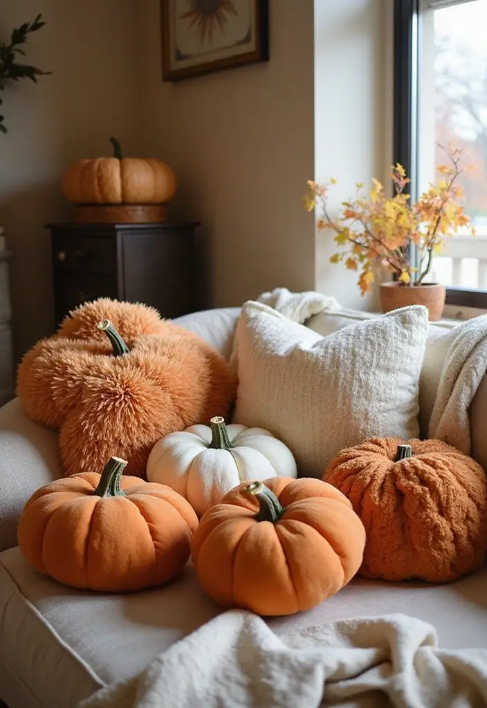20 Dreamy Indoor Halloween Decorations That Blend Cozy Vibes with Spooky Magic (You Won't Believe #12!) - 1. Whimsical Pumpkin Pillows