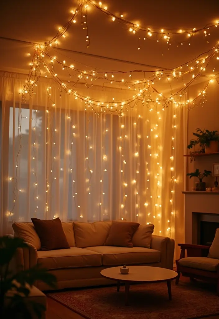 20 Stunning Fairy Light Ideas to Transform Your Living Room into a Romantic Wonderland! - 1. Twinkling Canopy Overhead