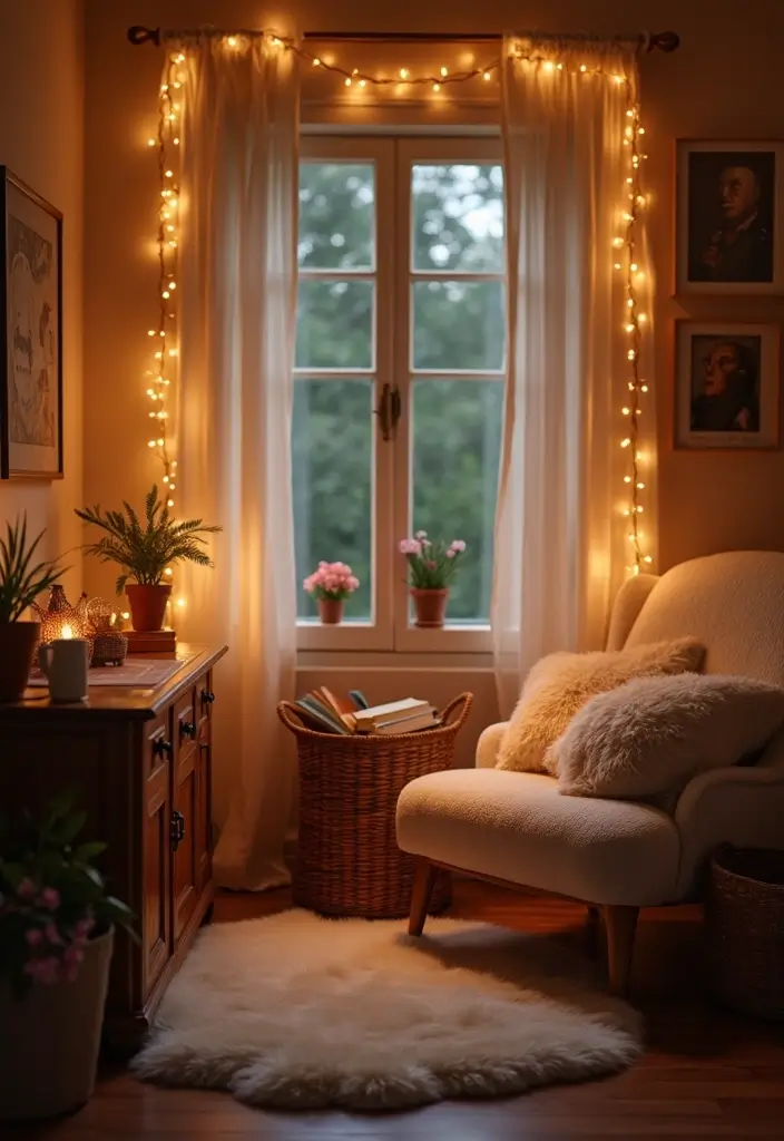 20 Stunning Fairy Light Ideas to Transform Your Living Room into a Romantic Wonderland! - 10. Cozy Nook with Fairy Lights