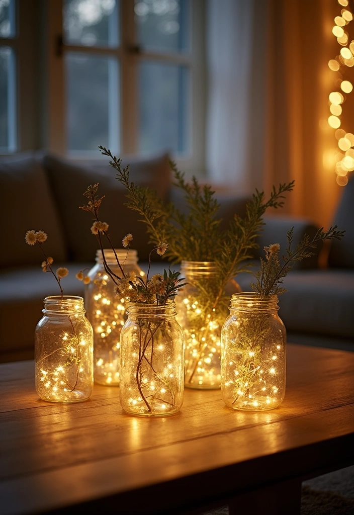 20 Stunning Fairy Light Ideas to Transform Your Living Room into a Romantic Wonderland! - 2. Fairy Lights in Glass Jars