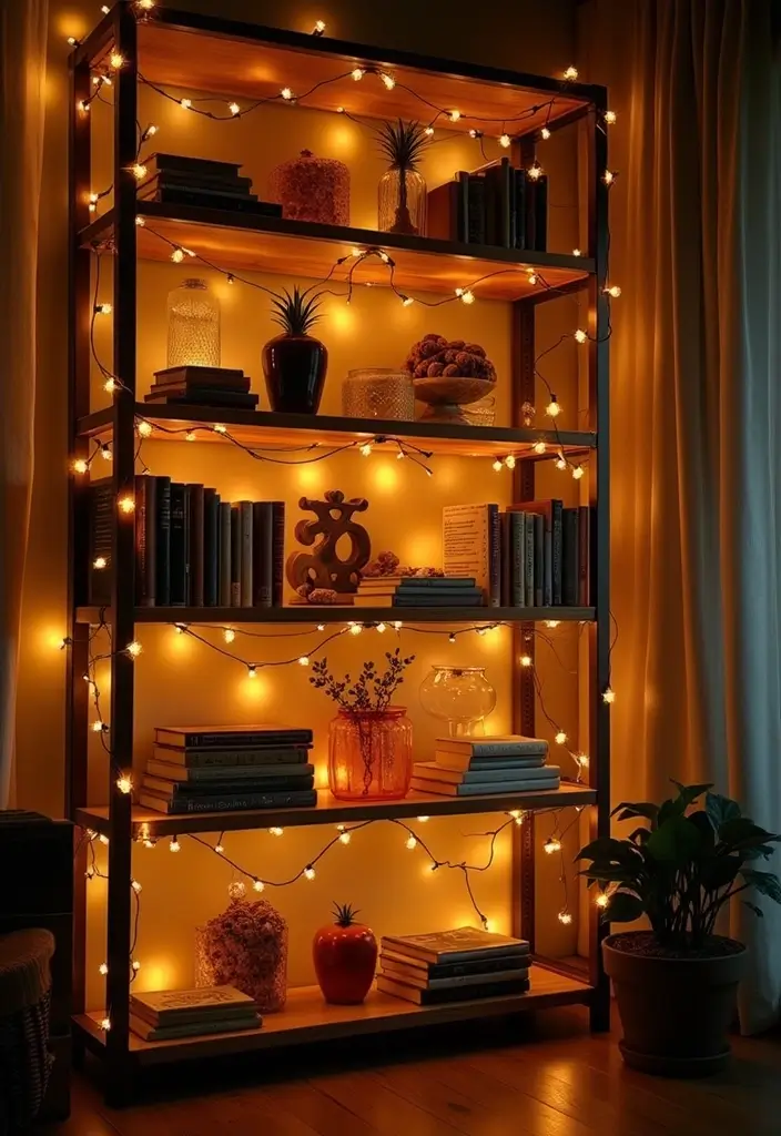 20 Stunning Fairy Light Ideas to Transform Your Living Room into a Romantic Wonderland! - 4. Fairy Light-Infused Shelves