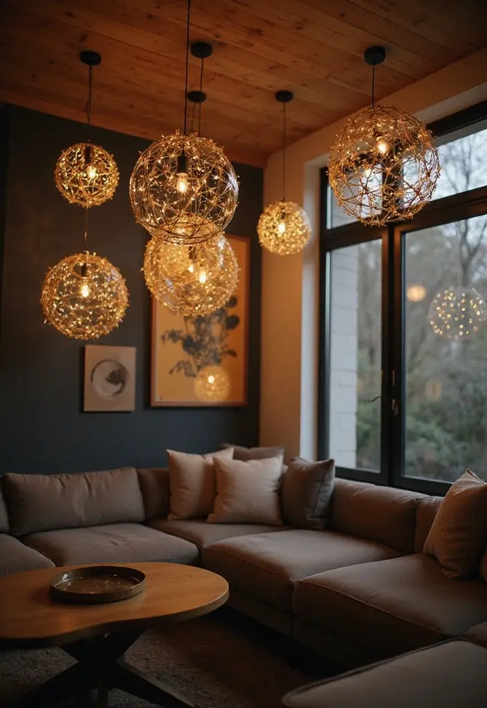 20 Stunning Fairy Light Ideas to Transform Your Living Room into a Romantic Wonderland! - 7. Hanging Fairy Lights in Geometric Shapes