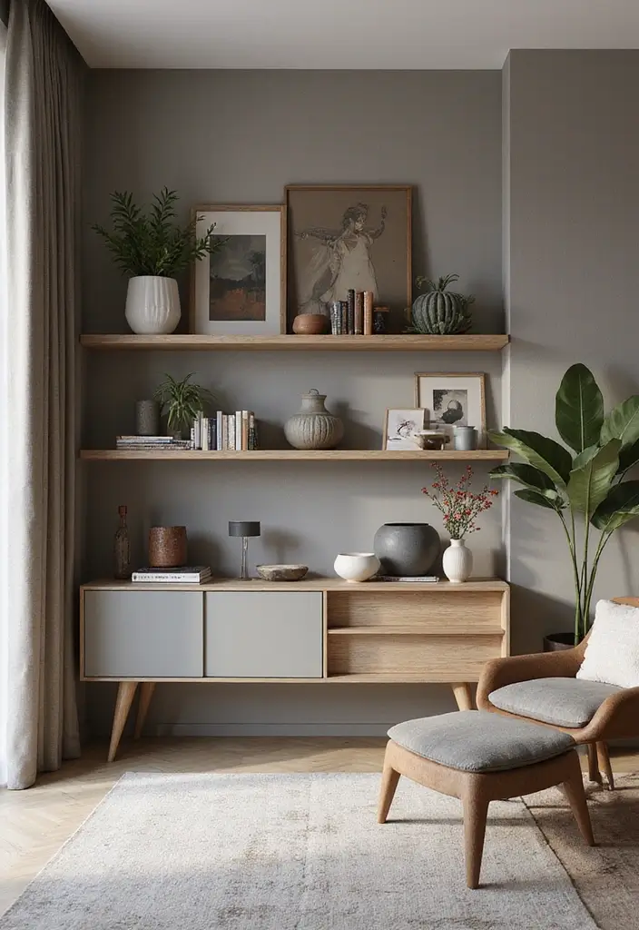 20 Stunning Living Room Cabinet Ideas That Will Transform Your Accent Wall! - 10. Artistic Open Shelving Units