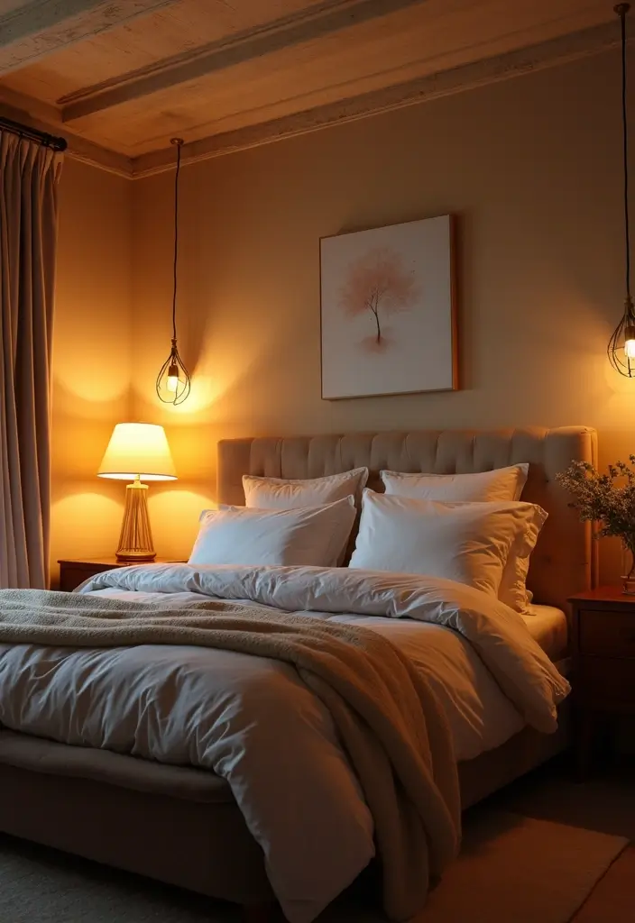 20 Warm Cozy Bedroom Ideas for the Perfect Romantic Date Night! - 13. Layered Lighting