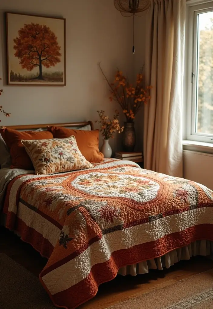 24 Fall Bedroom Decor Ideas That Transform Your Space Into a Cozy Autumn Oasis - 22. Layered Quilt Display