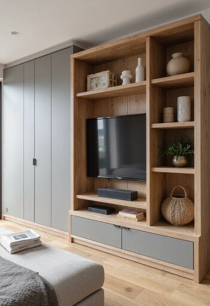 25 Stunning Living Room Cabinet Arrangement Ideas That Will Transform Your Space! - 17. Cabinets with Open and Closed Sections